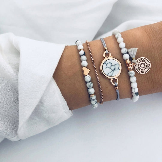 Multi-Chain Stone Beaded Bracelet Set