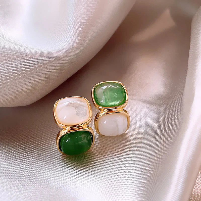 Gold-Plated Cabochon Stone Stud Earrings