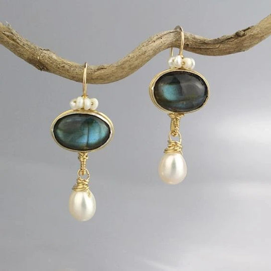 Gold-Plated Labradorite Pearl Drop Earrings