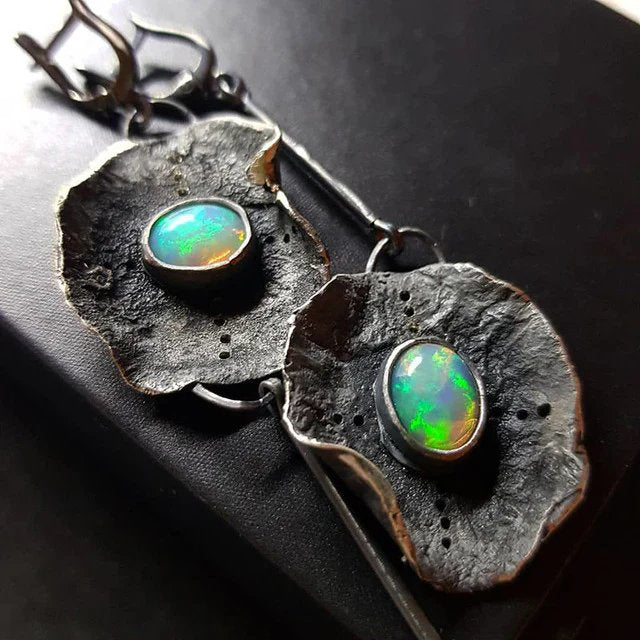 Opal Stone Oxidized Silver Drop Earrings