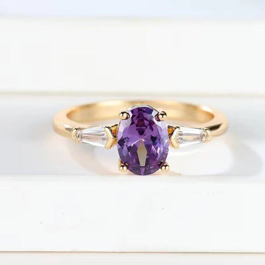 14K Gold Oval Amethyst Three-Stone Ring