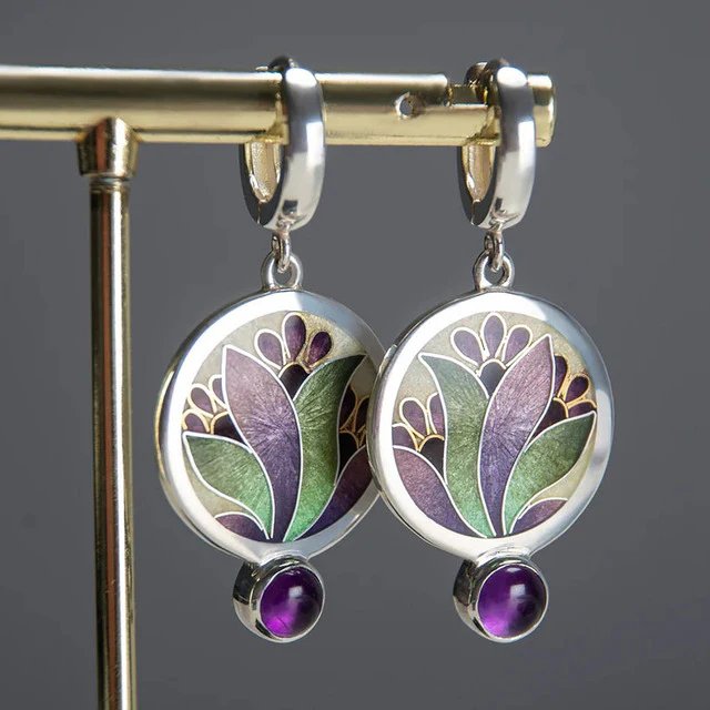 Silver Enamel Floral Hoop Drop Earrings