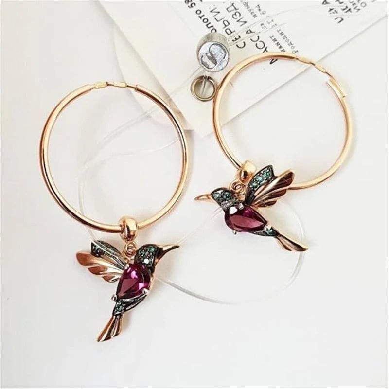 Gold-Plated Hummingbird Charm Hoop Earrings