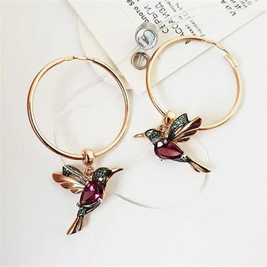 Gold-Plated Hummingbird Charm Hoop Earrings