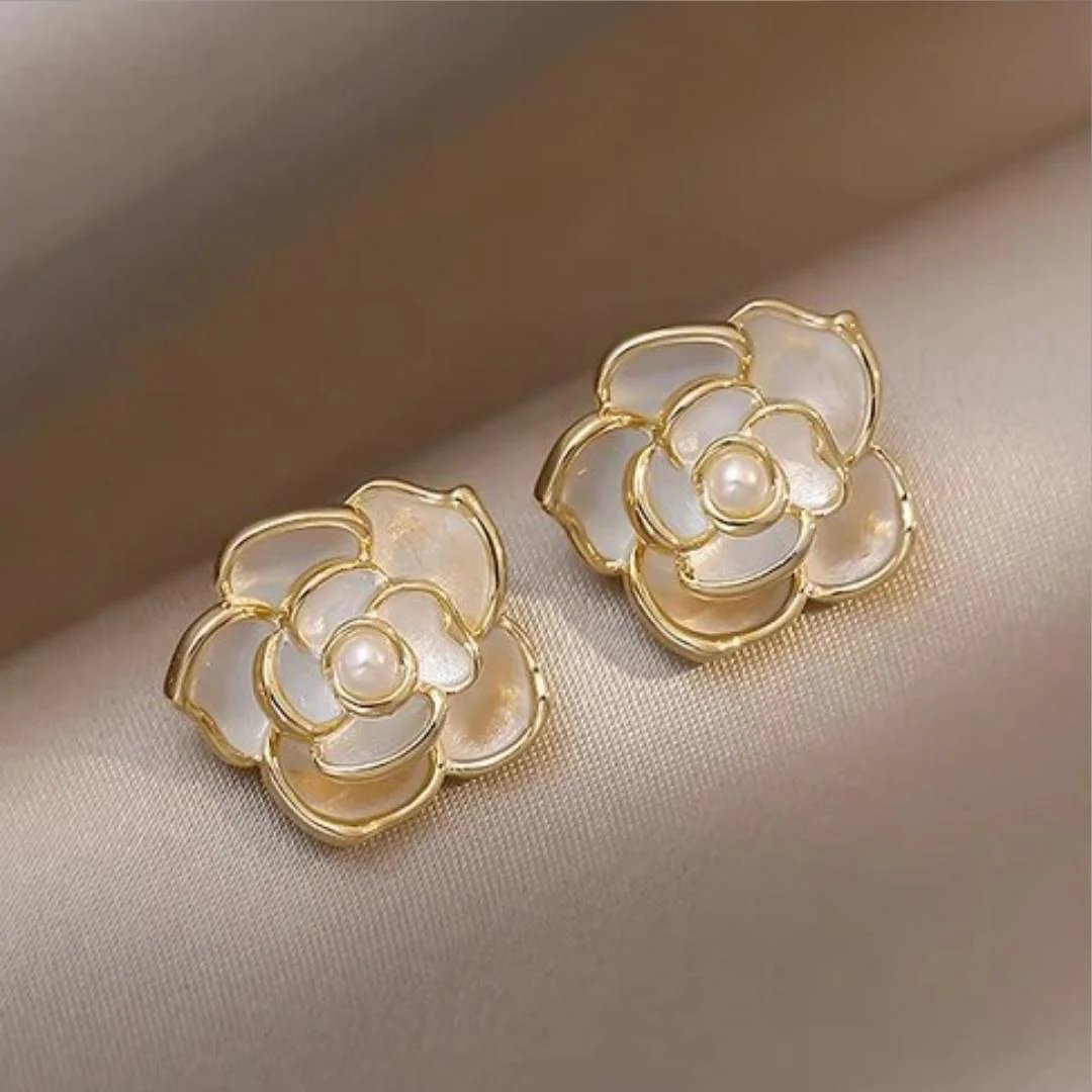 Gold-Plated Floral Pearl Stud Earrings