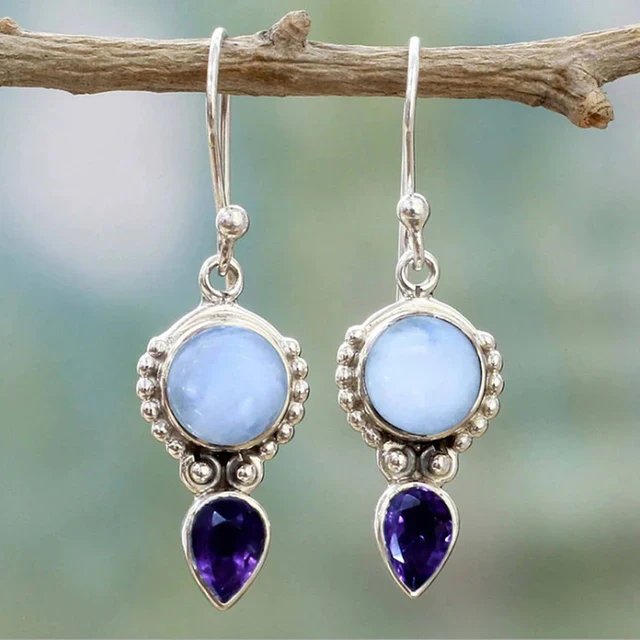 Sterling Silver Moonstone Amethyst Drop Earrings
