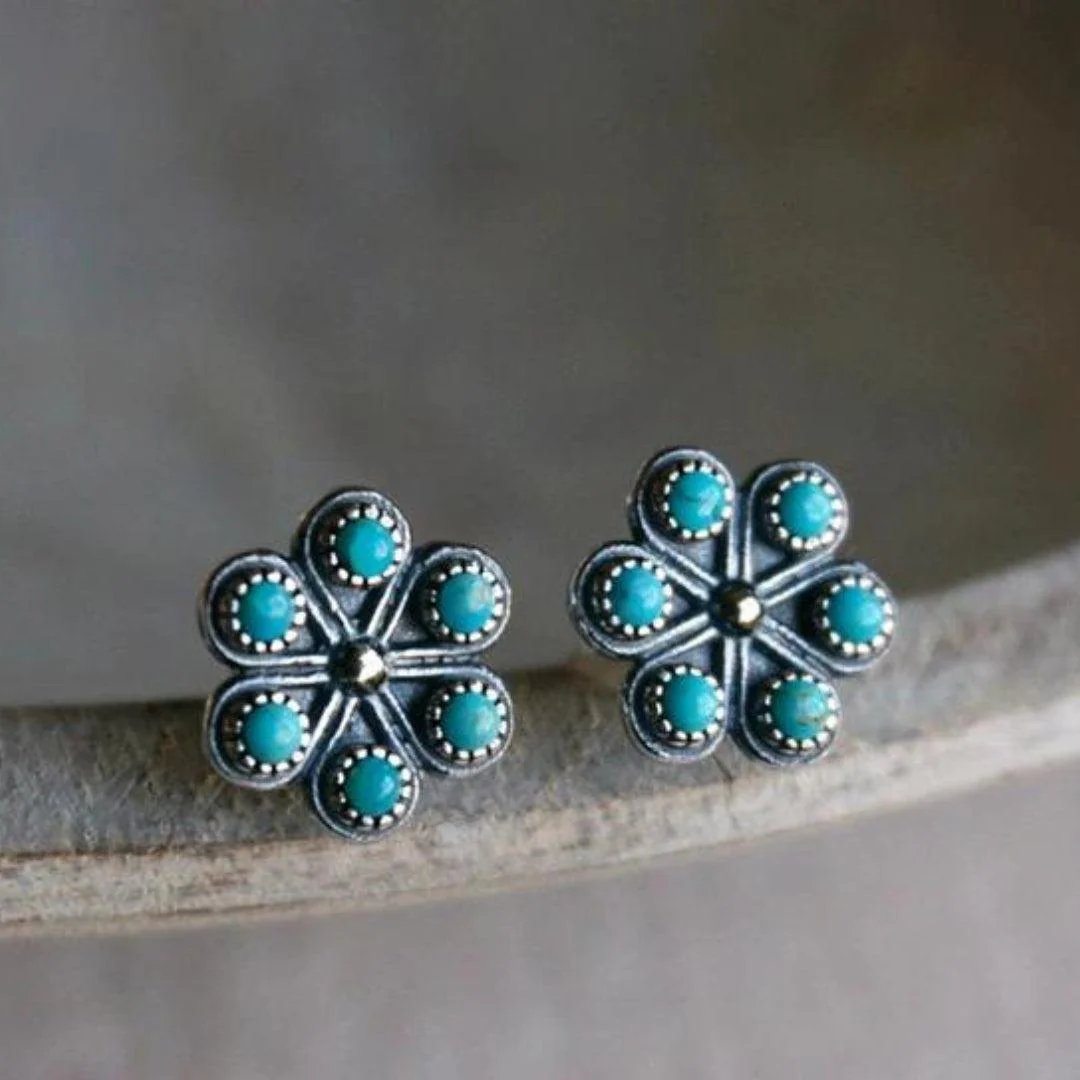 Sterling Silver Turquoise Stone Flower Stud Earrings