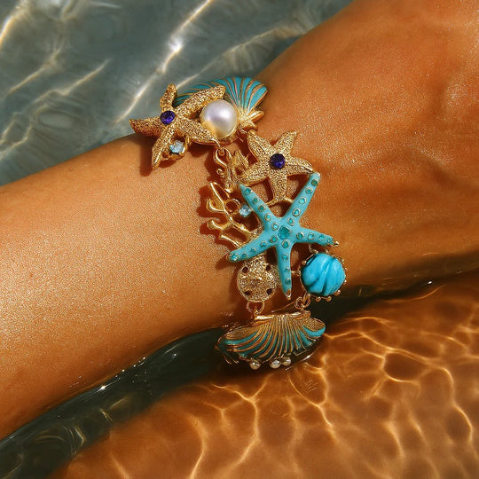 Pearl-Accented Ocean Charm Link Bracelet