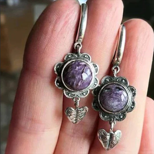 Sterling Silver Charoite Flower Dangle Earrings