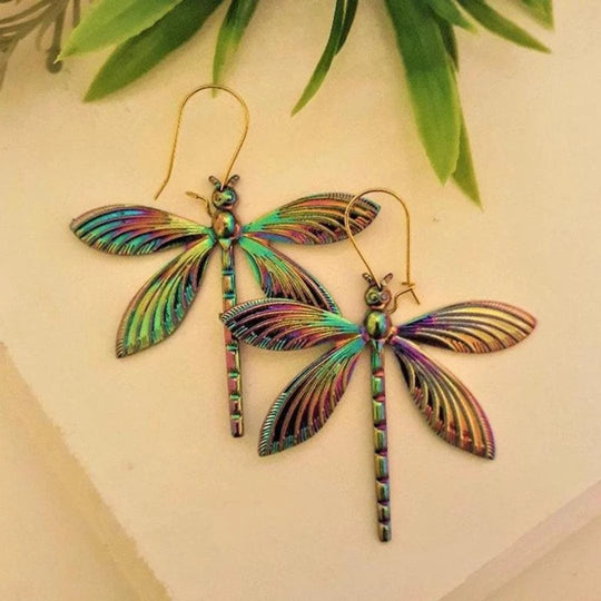 Rainbow Iridescent Dragonfly Drop Earrings