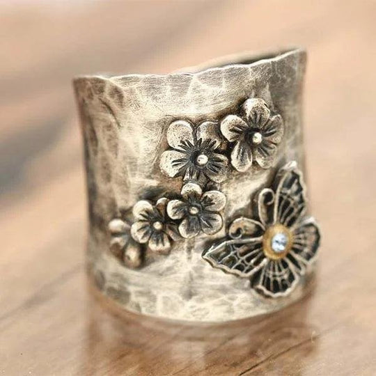 Hammered Silver Floral Butterfly Wide Band Ring