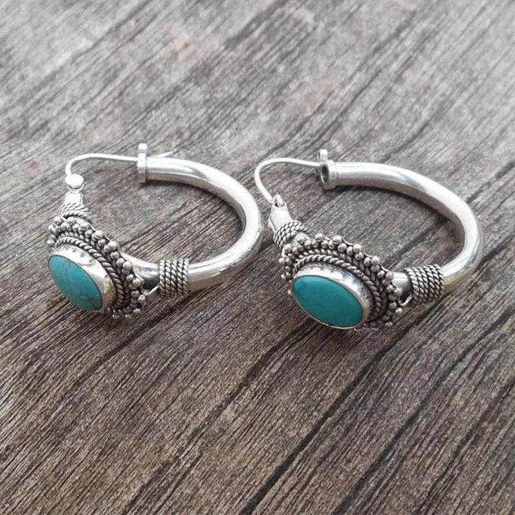 Sterling Silver Rope-Textured Turquoise Hoop Earrings