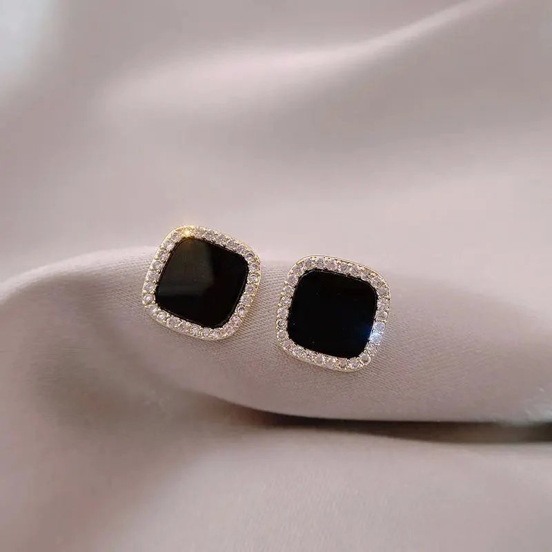 Diamond Halo Onyx Square Stud Earrings