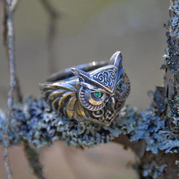 Sterling Silver Owl Ring with Emerald Eyes