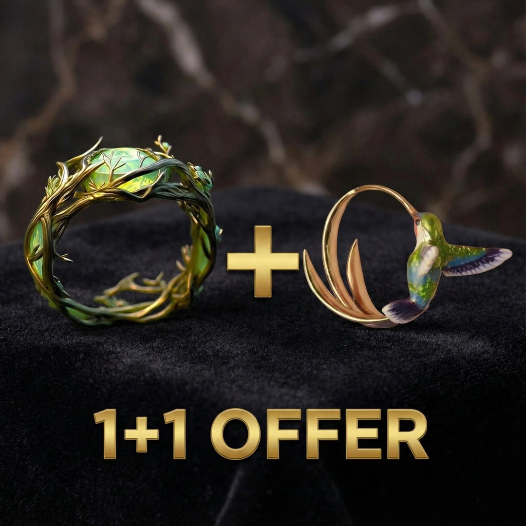 Enamel Hummingbird Hoops & Leaf Ring Set