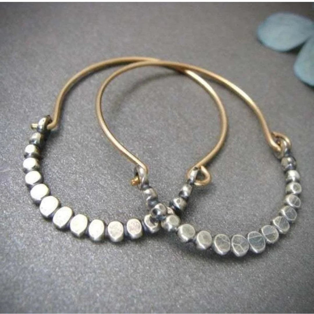 Faceted Silver Bead Gold Wire Hoop Earrings