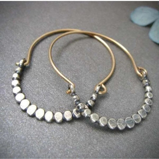 Faceted Silver Bead Gold Wire Hoop Earrings