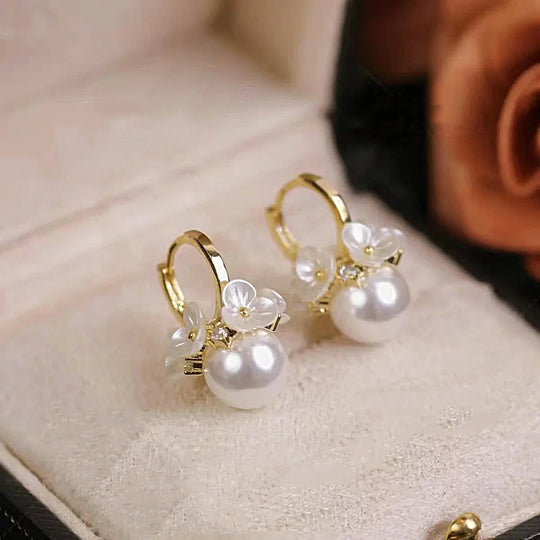 Pearl Drop Flower Hoop Earrings