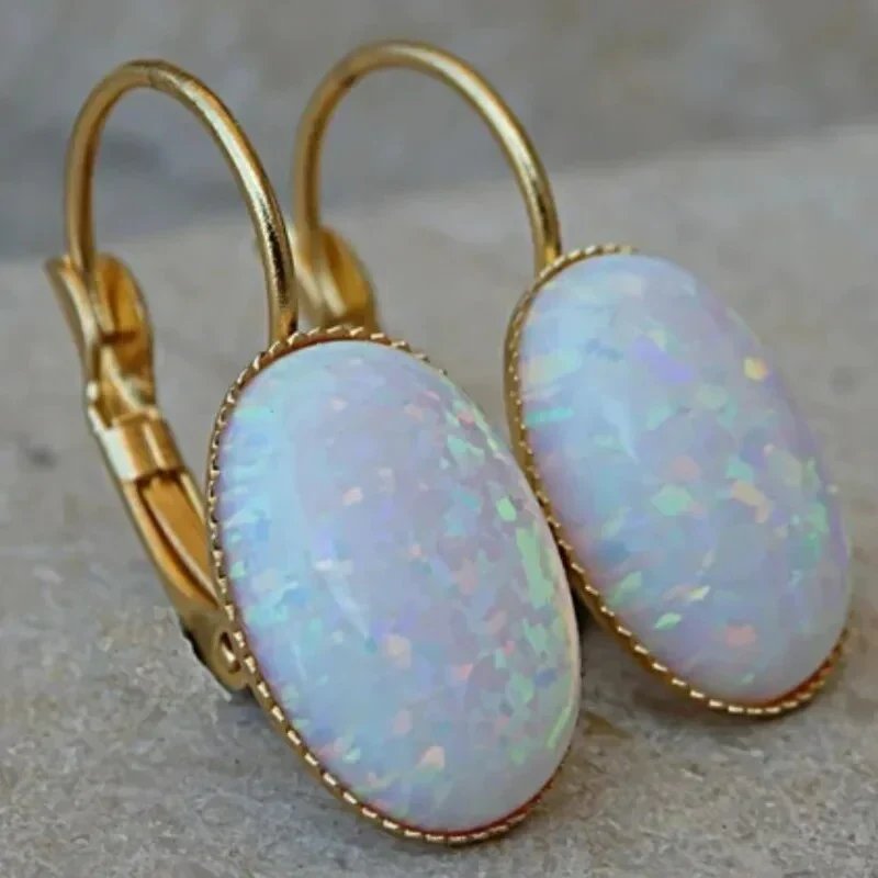 Gold-Plated Oval Opal Leverback Earrings