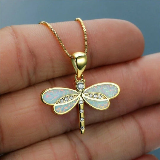 Opal Inlay Gold-Plated Dragonfly Pendant Necklace