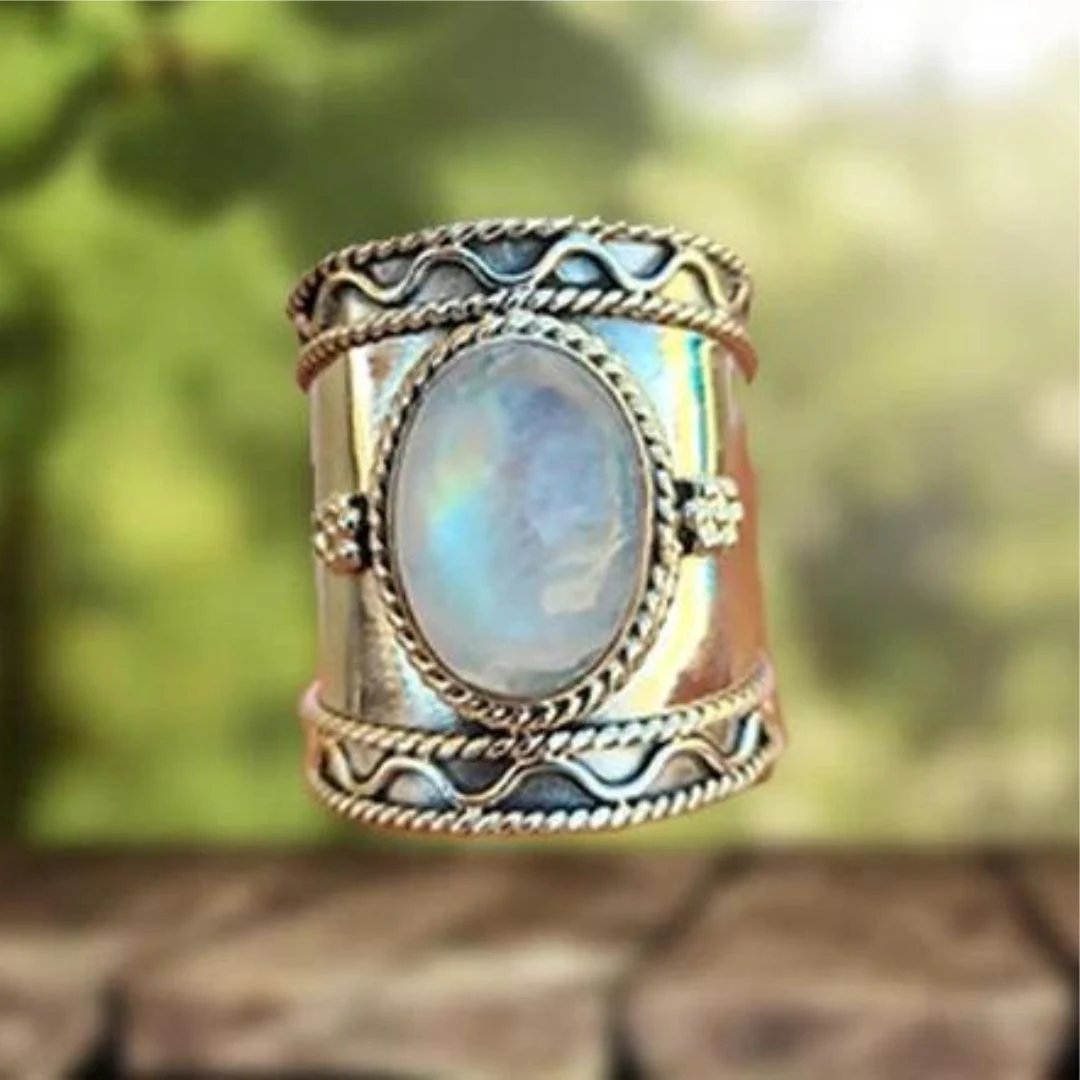 Rope-Detailed Sterling Silver Moonstone Ring