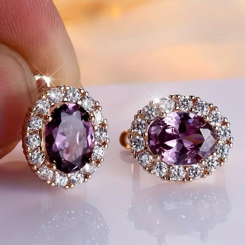 Gold Oval Amethyst Halo Stud Earrings