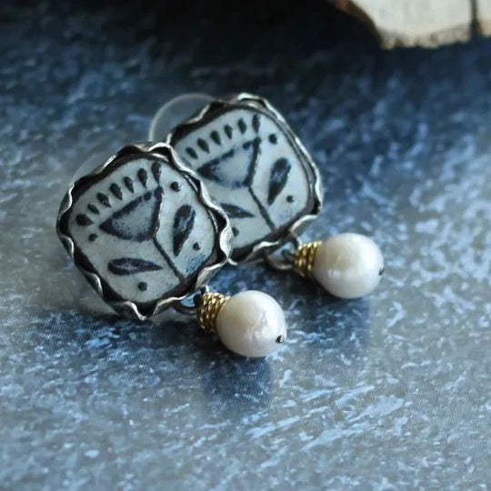 Hand-Painted Vintage Bead Pearl Drop Earrings