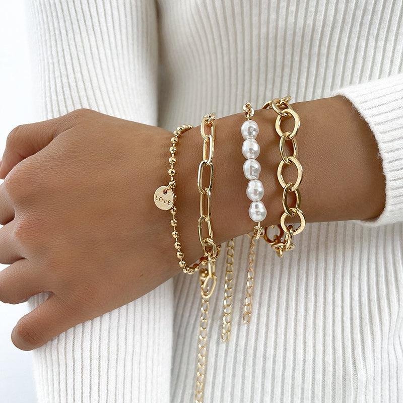 Gold-Plated Pearl Chain Bracelet Set