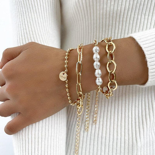 Gold-Plated Pearl Chain Bracelet Set