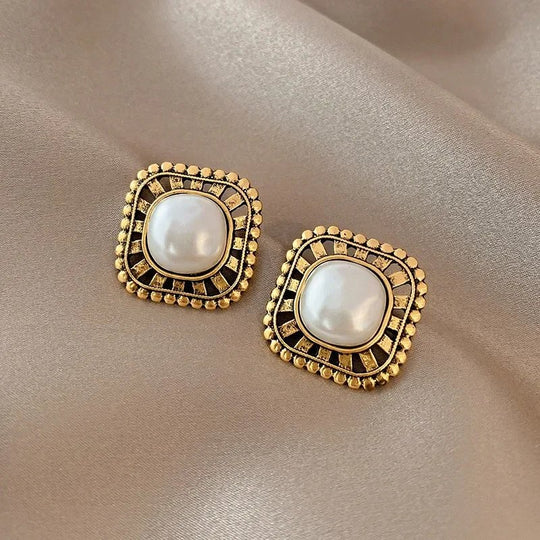 Gold-Plated Pearl Square Stud Earrings