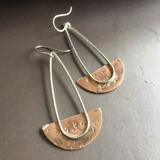 Hammered Copper Sterling Silver Drop Earrings