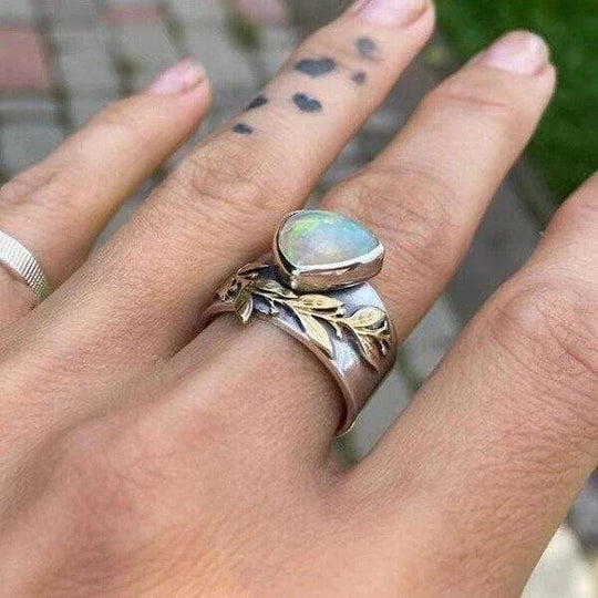 Teardrop Opal Sterling Silver Leaf Ring