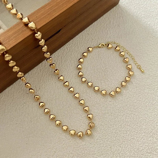 Polished Heart Bead Necklace Bracelet Set