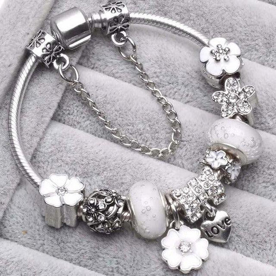 Vintage Silver Charm Bracelet with Crystals