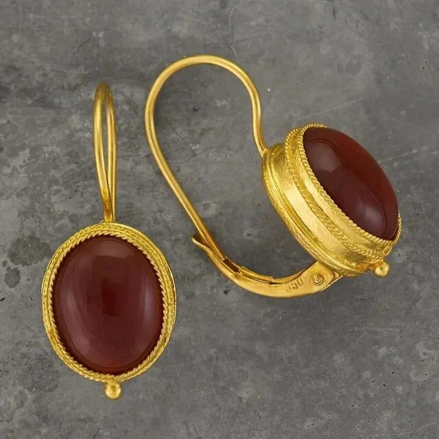Gold Plated Oval Cabochon Drop Earrings