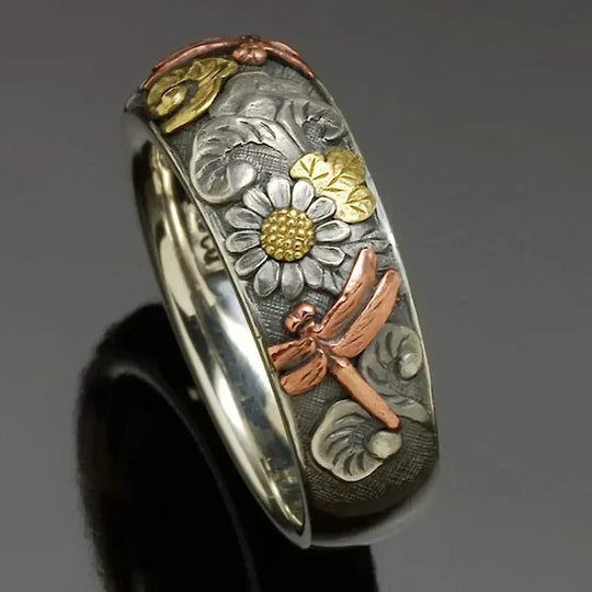 Three-Tone Mixed Metal Floral Ring