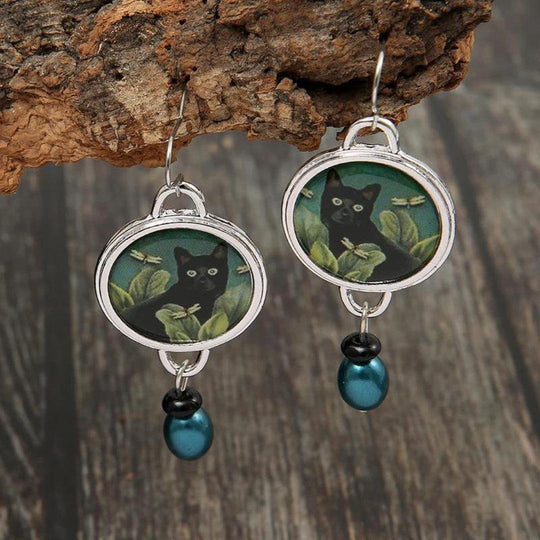 Silver Drop Earrings with Cat Art