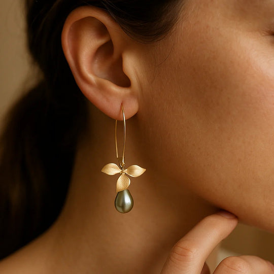 Brushed Gold Leaf Pearl Drop Earrings