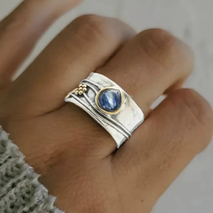 Antiqued Silver Sapphire Wide Band Ring