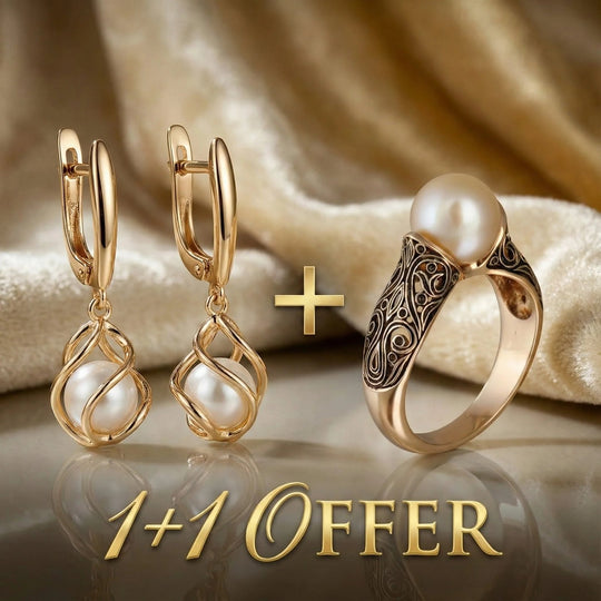 Gold Pearl Spiral Drop Earring Ring Set