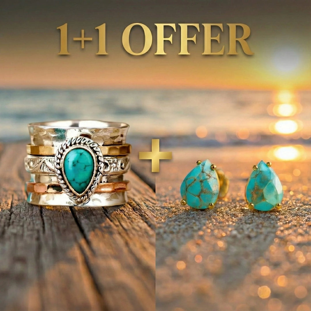 Turquoise Stone Ring and Teardrop Stud Earrings Set