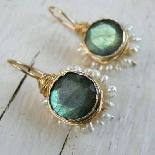 Wire-Wrapped Gemstone Pearl Drop Earrings