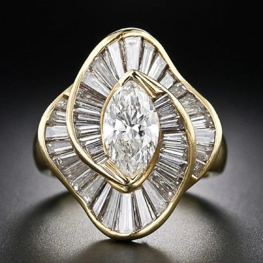 Marquise Diamond Baguette Halo Gold Ring