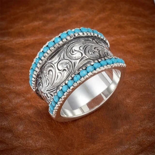 Sterling Silver Turquoise Engraved Ring
