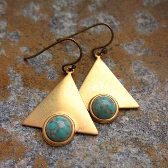 Triangular Brass Turquoise Stone Drop Earrings