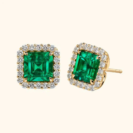 Emerald Cut Halo Diamond Stud Earrings