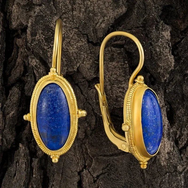 Gold Plated Oval Lapis Lazuli Drop Earrings