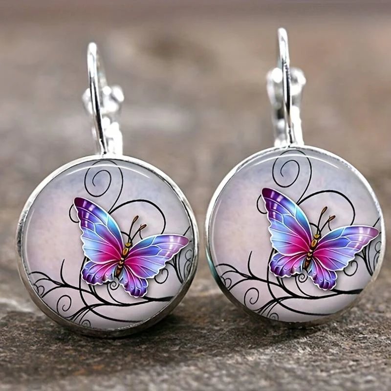Glass Dome Butterfly Lever-Back Earrings