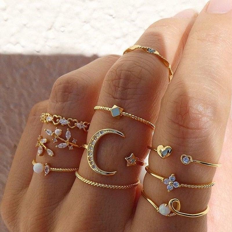 Gold-Plated Stackable Ring Set with Rhinestone Details