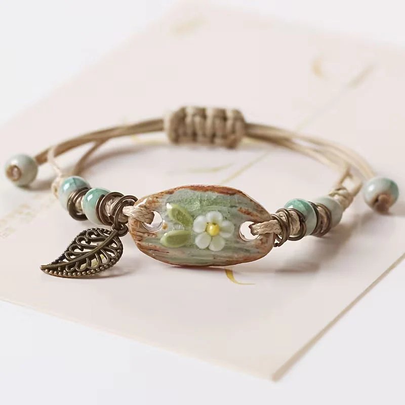 Adjustable Cord Ceramic Floral Charm Bracelet